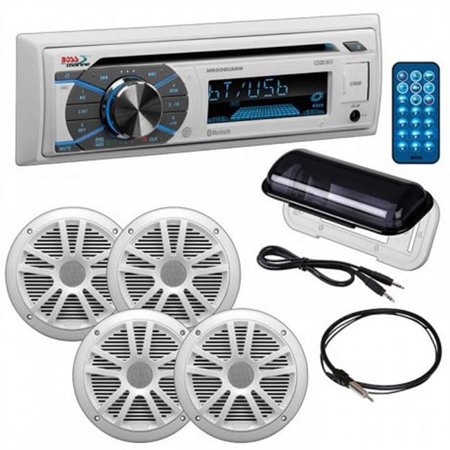 Boss Audio 6.5 in. Marine Single Din CD Receiver with Bluetooth Pair Speakers Radio Cover Antenna Aux