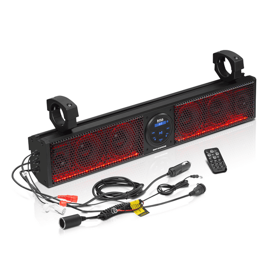 BOSS Audio Systems BRT26RGB ATV UTV Sound Bar System - 26 Inches Wide, IPX5 Rated Weatherproof, Bluetooth Audio, Amplified, 4 inch Speakers, 1 Inch Tweeters, USB Port, RGB Multicolor Illumination
