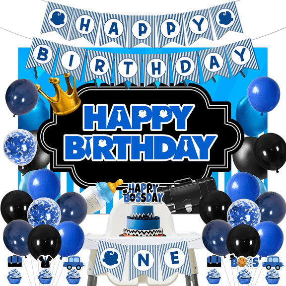 Boss Baby 1st Birthday Party Decorations, Blue Black Happy Birthday Backdrop High Chair Banner Cake Toppers Latex Balloons for Baby Boys First Bday Party Supplies