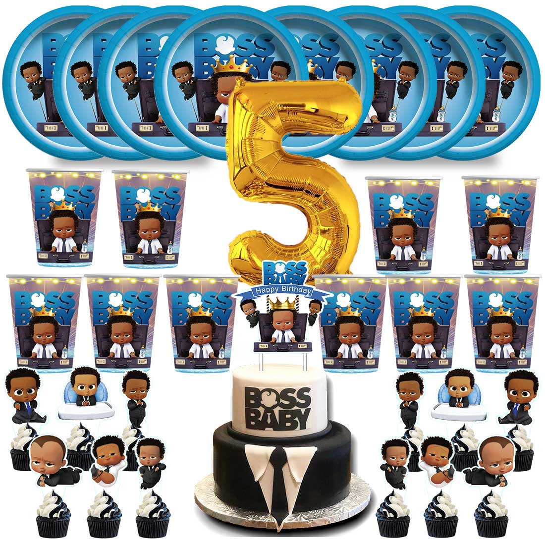 Boss Baby Africa Boy Birthday 5th Cups Party Supplies Plates Fans Decorations Cake Topper Decor