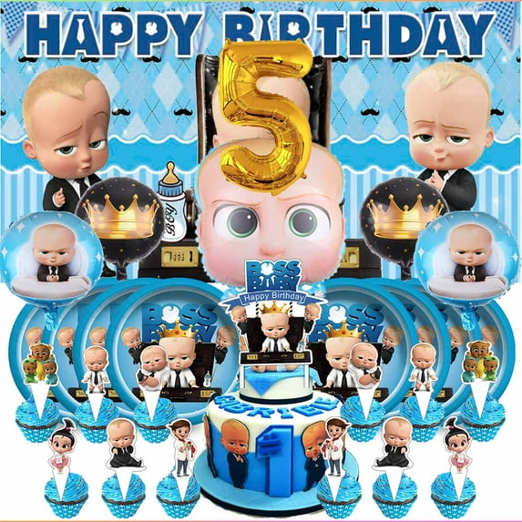 Boss Baby White Boy 5th Tableware Balloons Cake Toppers Backdrop Banner Supplies Party Decor Plates Decorations