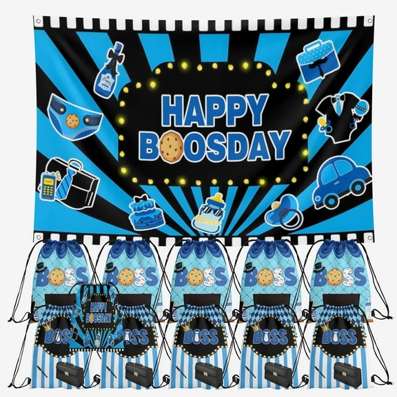 Boss Birthday Party Supplies,11 Pieces Boss BB Candy Drawstring Bag Include Backdrop 70.8x43.2Inch, Drawstring Goodie Favor Bags for Baby Birthday Party Decorations(10.6 x 13.3 Inch)