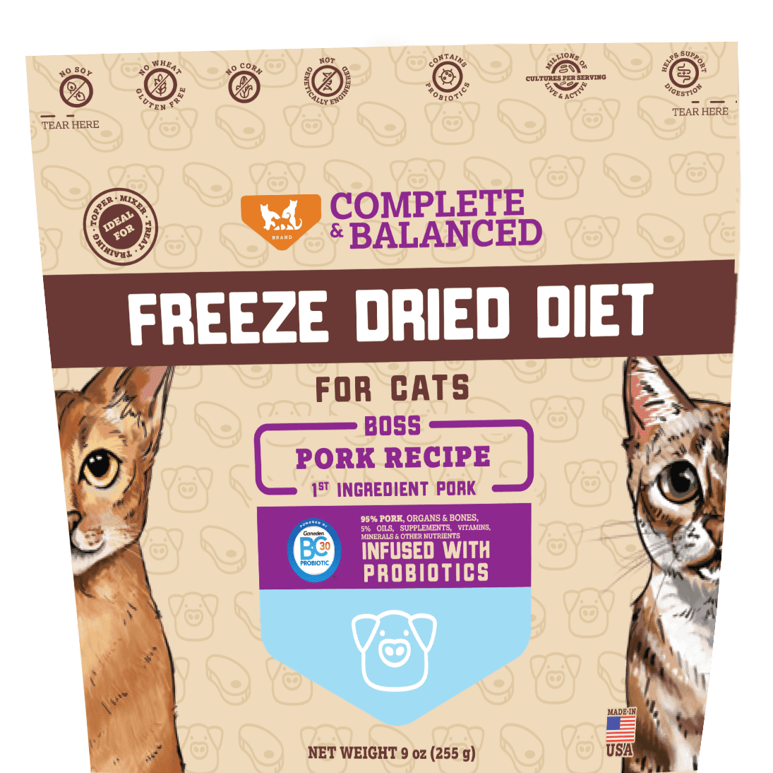 Boss Cat Freeze Dried Cat Food, Probiotic, Pork, 9oz