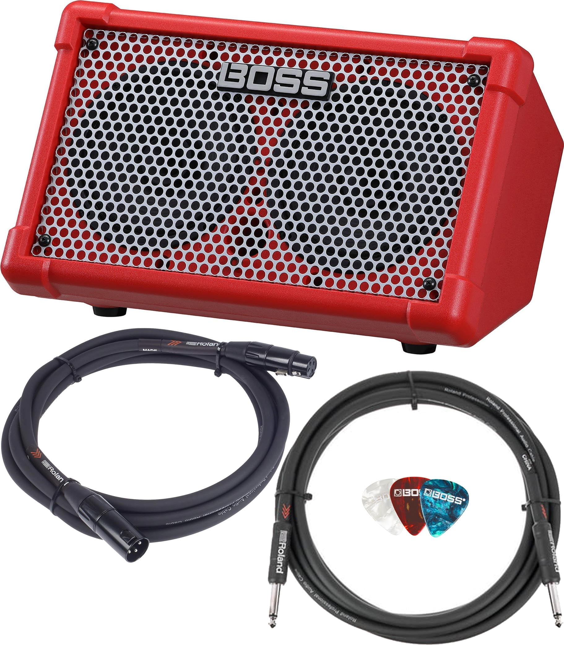 Boss Cube Street II Battery Powered Stereo Amplifier - Red Bundle with Gearlux Instrument Cable, XLR Cable, and Picks