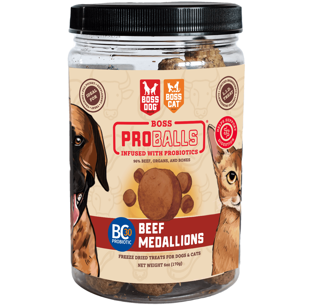 Boss Dog ProBalls, Probiotic Freeze Dried Treats for Dogs & Cats, Beef, 6 oz Jar