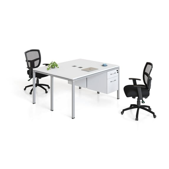 Boss Office Products Double Desk, Face To Face With (2) Pedestals, 60" X 24" Desk Top (Ea), White