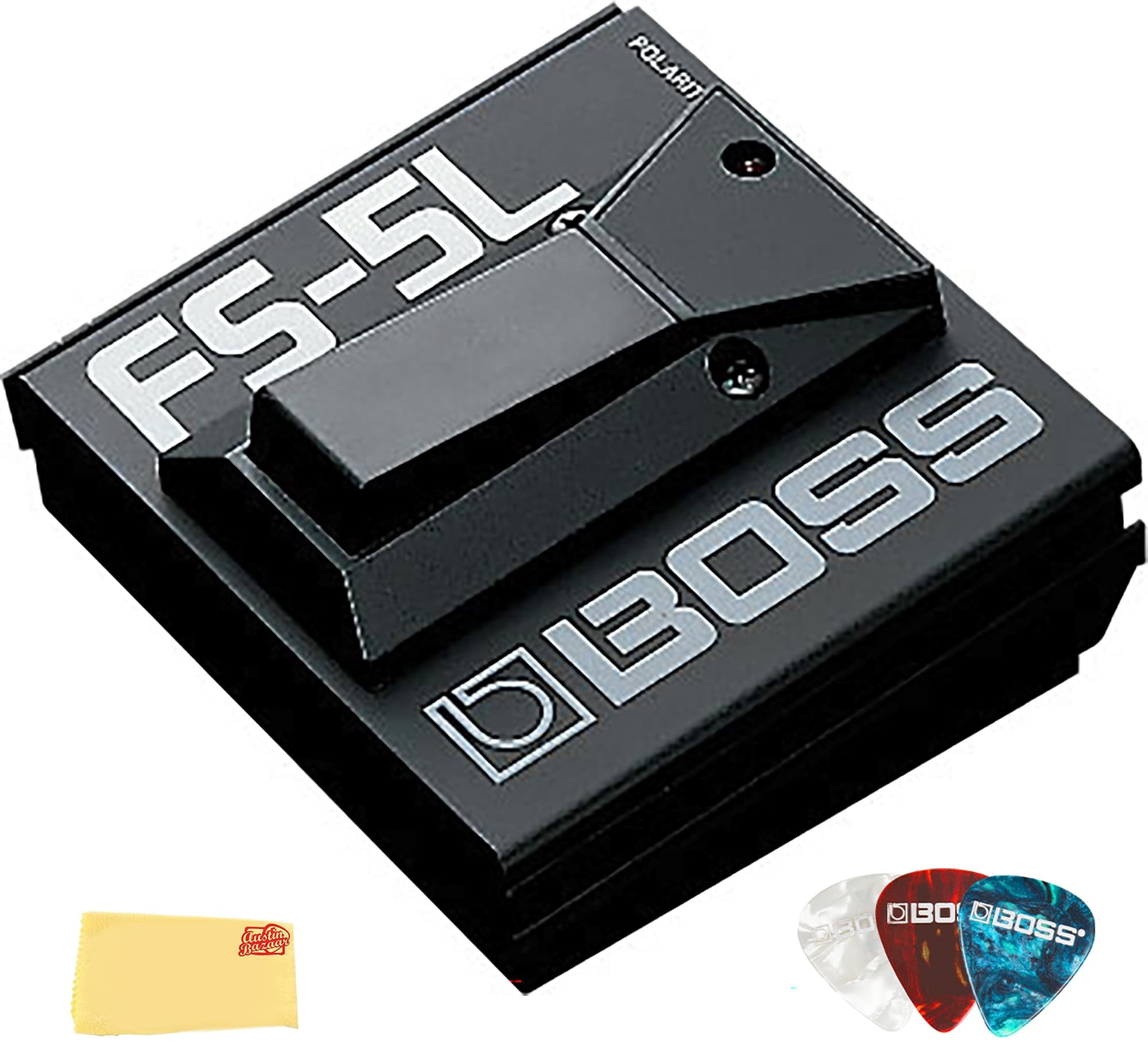 Boss FS-5L Latching Footswitch Bundle with Picks and Austin Bazaar Polishing Cloth