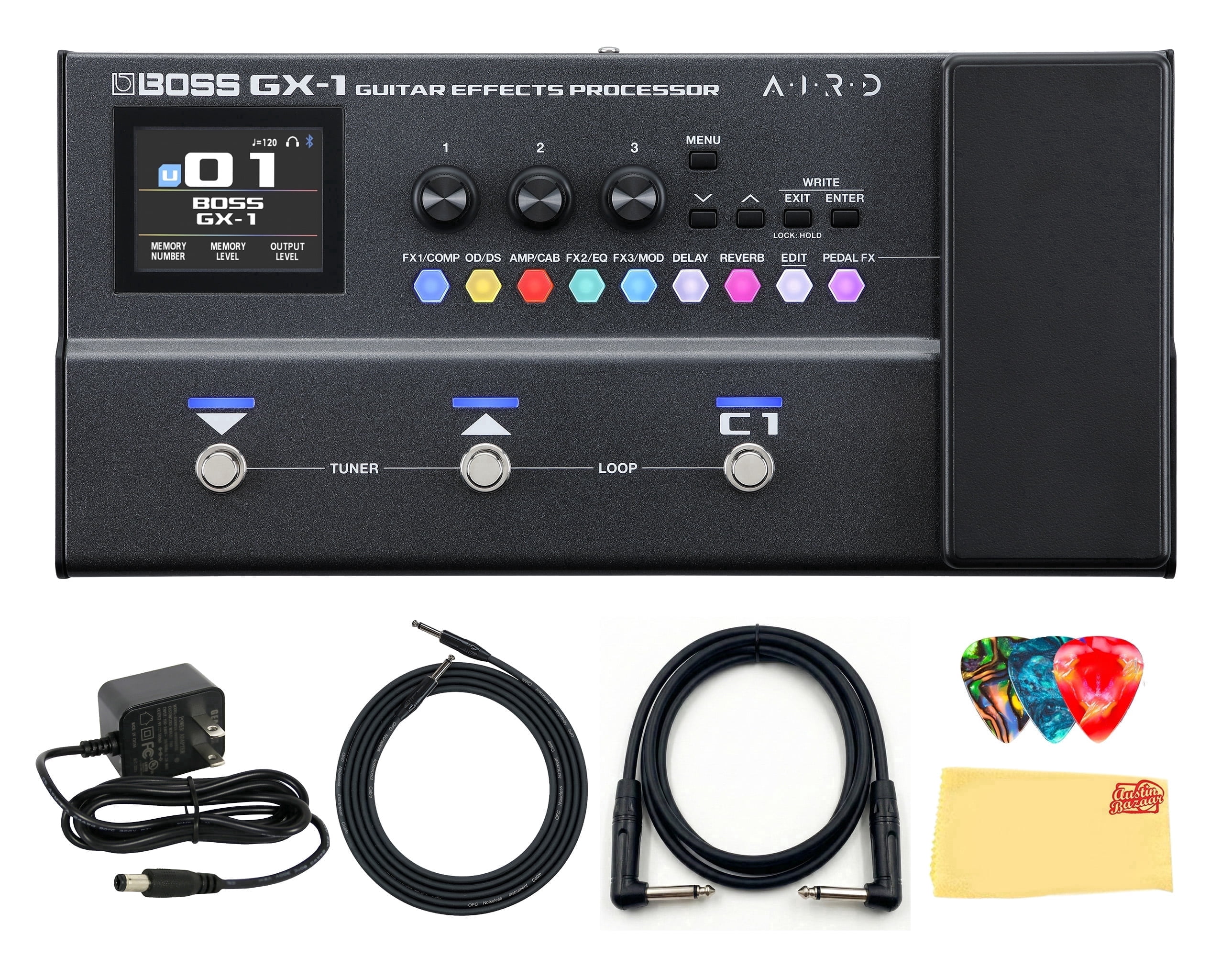 Boss GX-1 Guitar Effects Processor Bundle with Gearlux Power Supply, Instrument & Patch Cable, Picks, and Austin Bazaar Polishing Cloth