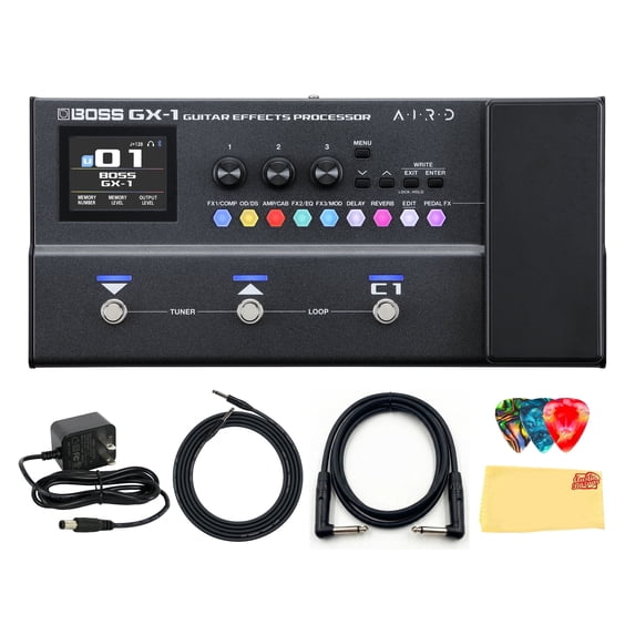 Boss GX-1 Guitar Effects Processor Bundle with Gearlux Power Supply, Instrument & Patch Cable, Picks, and Austin Bazaar Polishing Cloth
