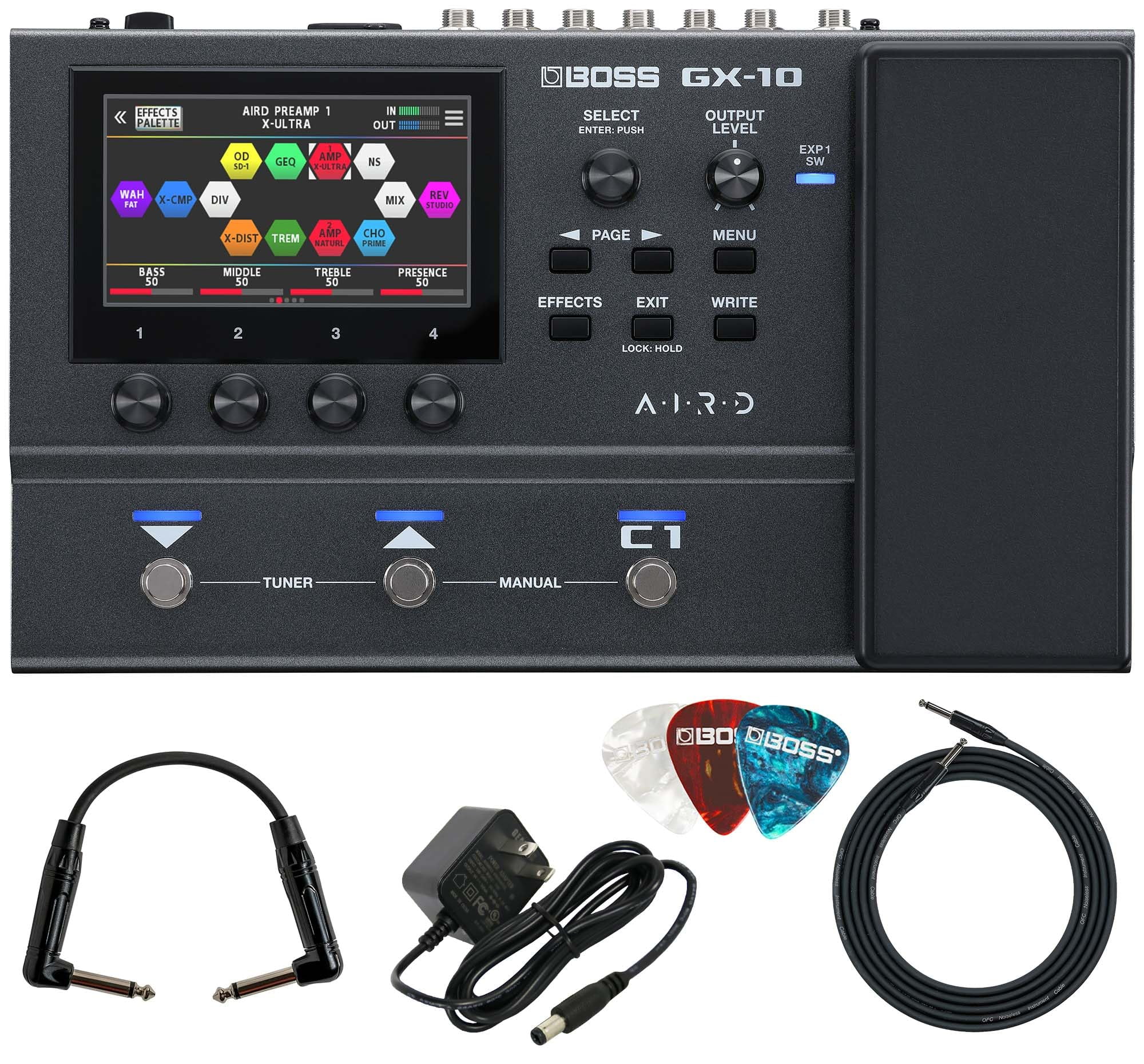 Boss GX-10 Guitar Effects Processor Bundle with Gearlux Power Supply, Instrument Cable, Patch Cable, and Picks