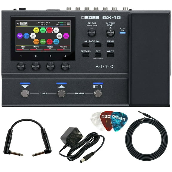 Boss GX-10 Guitar Effects Processor Bundle with Gearlux Power Supply, Instrument Cable, Patch Cable, and Picks