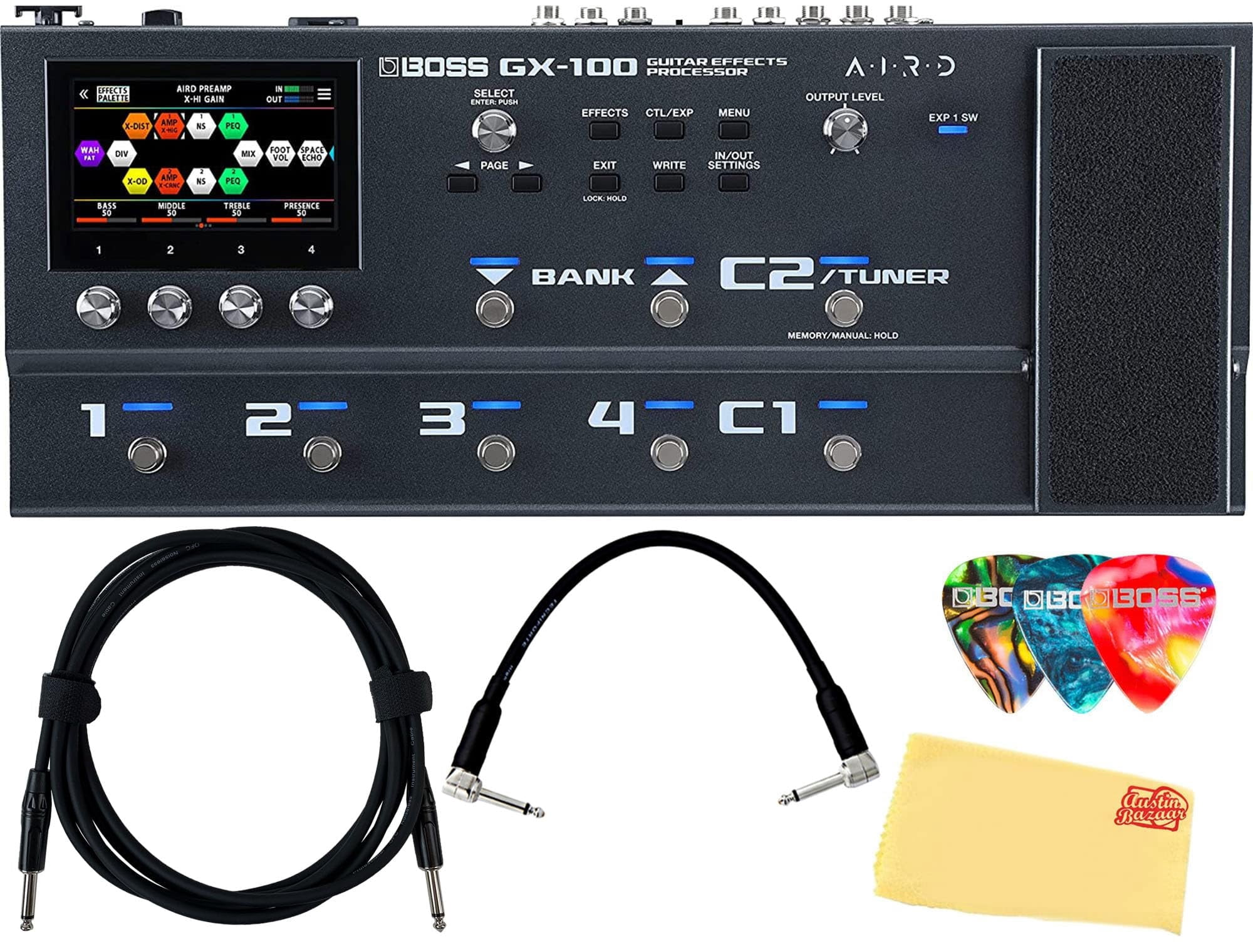Boss GX-100 Guitar Multi-Effects Pedal Bundle with Gearlux Instrument Cable, Patch Cable, Picks, and Austin Bazaar Polishing Cloth