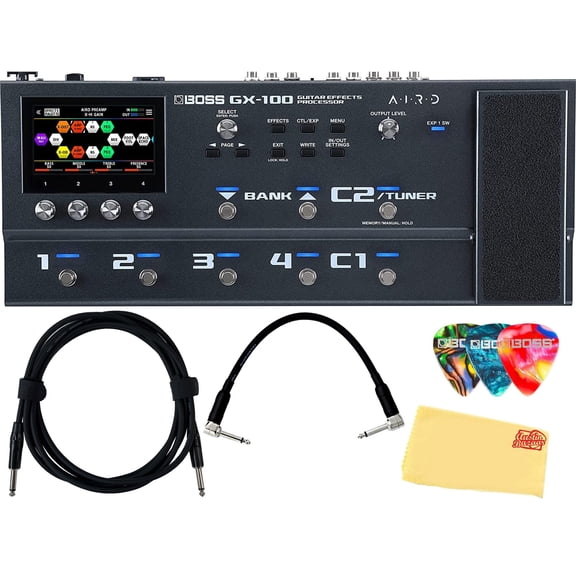 Boss GX-100 Guitar Multi-Effects Pedal Bundle with Gearlux Instrument Cable, Patch Cable, Picks, and Austin Bazaar Polishing Cloth