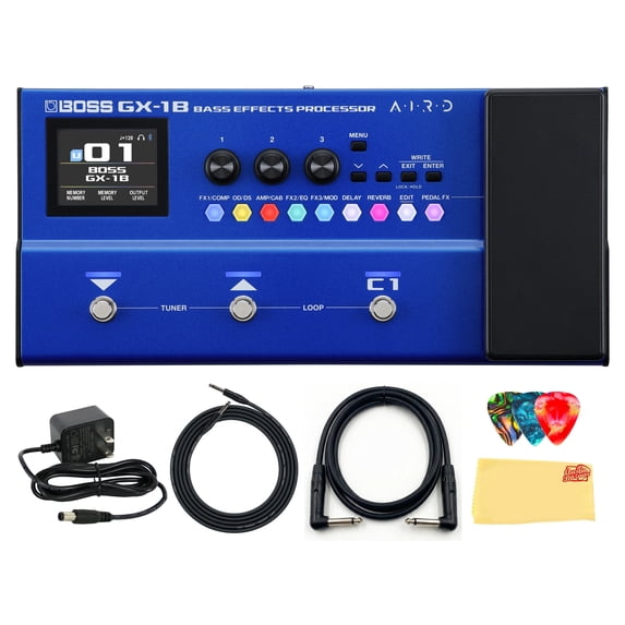 Boss GX-1B Bass Effects Processor Bundle with Gearlux Power Supply, Instrument & Patch Cable, Picks, and Austin Bazaar Polishing Cloth