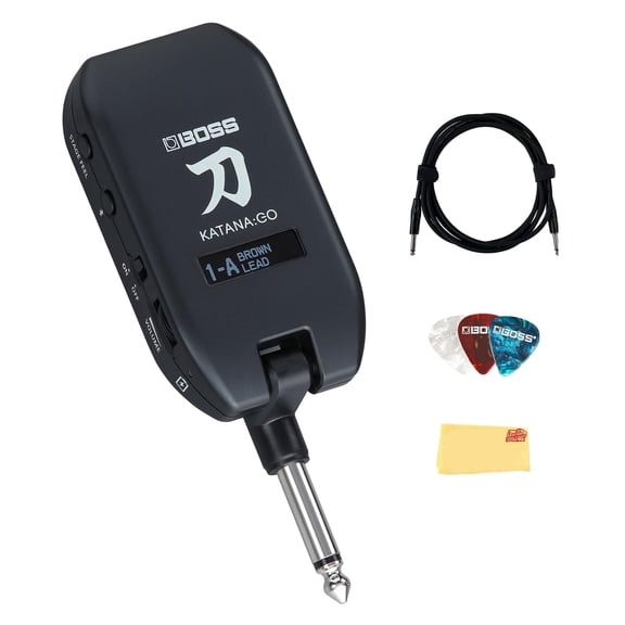 Boss Katana:GO Personal Headphone Guitar Amplifier Bundle with Gearlux Instrument Cable, Picks, and Austin Bazaar Polishing Cloth