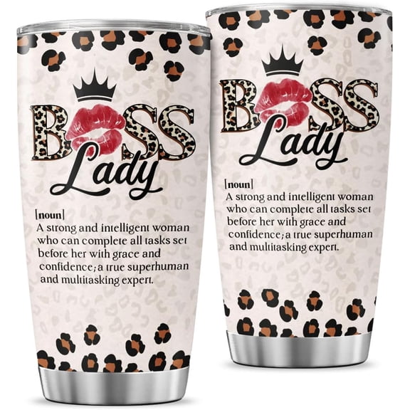 Boss Lady Definition Cup for Women, Leopard Print Lips Crown Design 20oz Stainless Steel Coffee Tumbler, Inspirational Gift for Female Leaders, Coworkers, Friends