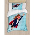 thumbnail image 1 of Boss Lady Duvet Cover Set, Young Lady Wearing a Suit and a Cape Flying Through Air Superhero, Decorative 2 Piece Bedding Set with 1 Pillow Shams, Twin Size, Pale Blue and Multicolor, by Ambesonne, 1 of 3