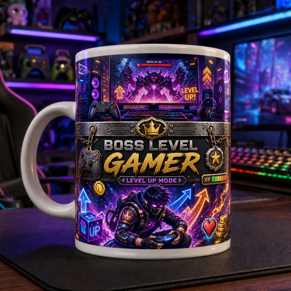 Boss Level Gamer Mug for Dad, Father's Day Gaming Coffee Cup, Level Up Gift