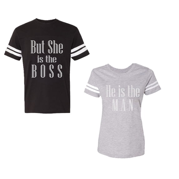 But She is The Boss He is The Man Unisex Couple Matching Cotton Jersey style T-Shirt Contrasting stripes on sleeves (Men Black / Women Heather) (Men L / Women M)