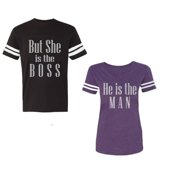 But She is The Boss He is The Man Unisex Couple Matching Cotton Jersey style T-Shirt Contrasting stripes on sleeves (Men Black / Women Purple) (Men S / Women L)