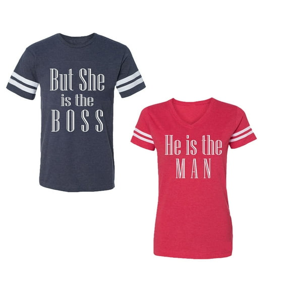 But She is The Boss He is The Man Unisex Couple Matching Cotton Jersey style T-Shirt Contrasting stripes on sleeves (Men Navy / Women Red) (Men M / Women M)
