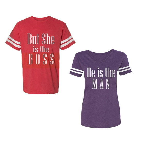 But She is The Boss He is The Man Unisex Couple Matching Cotton Jersey style T-Shirt Contrasting stripes on sleeves (Men Red / Women Purple) (Men XL / Women S)