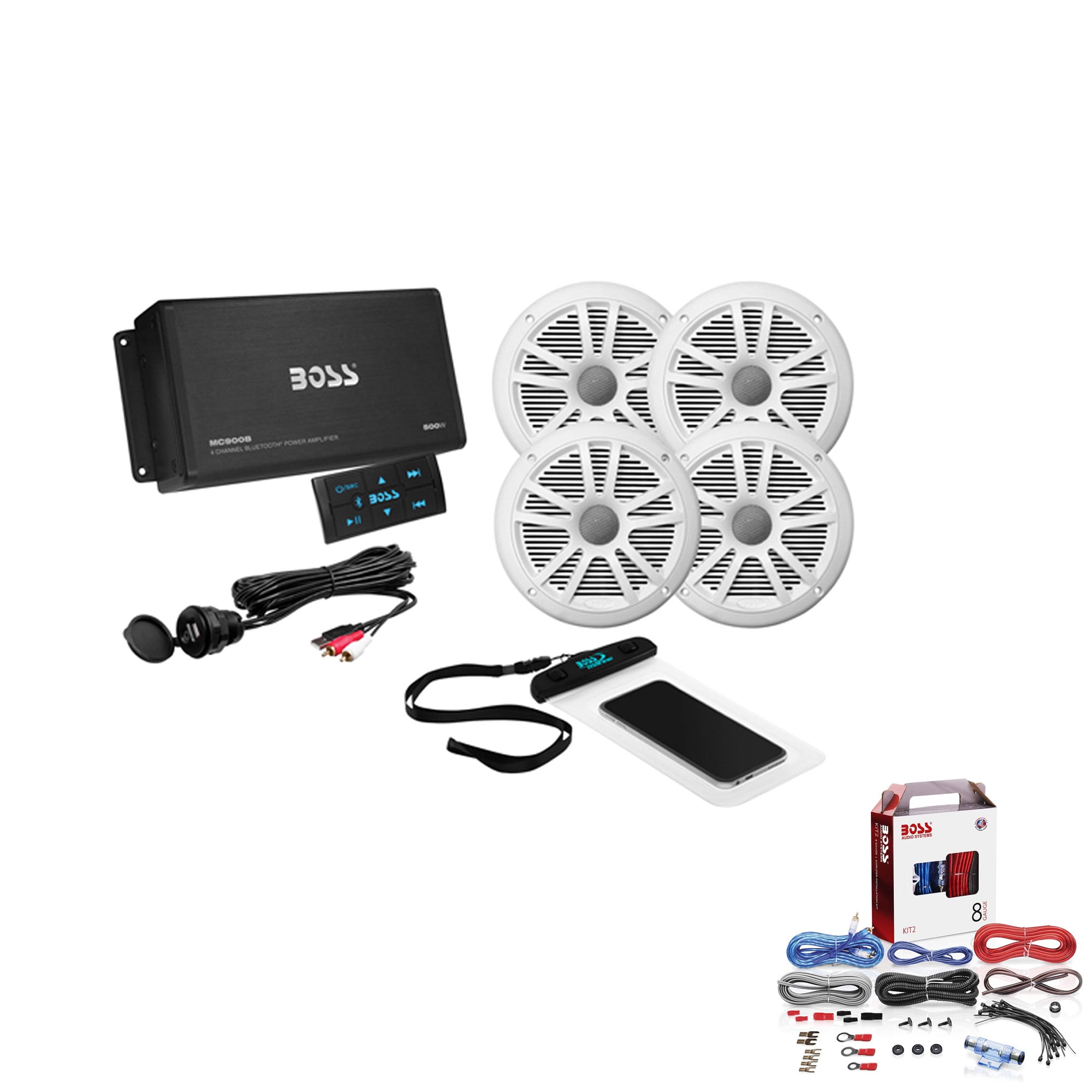 Boss Marine Audio Amplifier & Speakers Bundle With KIT2 Installation