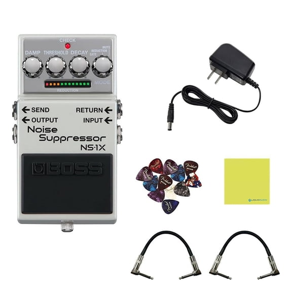 Boss NS-1X Noise Suppressor Pedal Bundle w/ 2-Pack Strukture S6P48 Woven Right Angle Patch Cable, 12-Pack Guitar Pick, 9V Power Adapter and Liquid Audio Polishing Cloth
