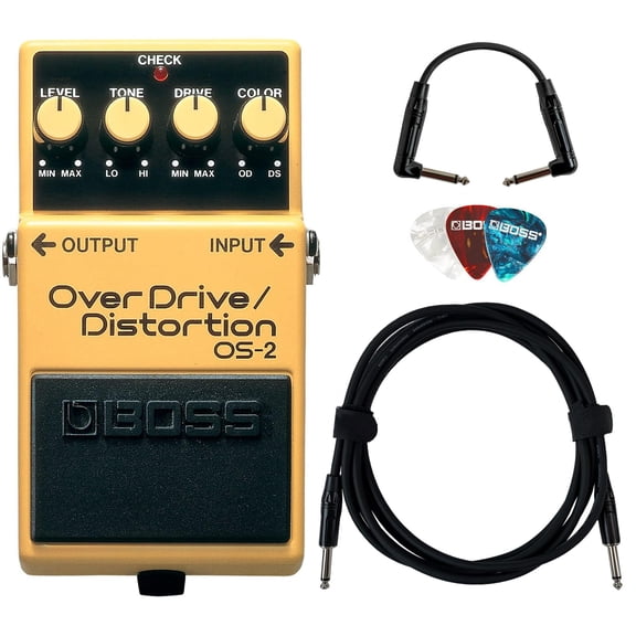 Boss OS-2 OverDrive/Distortion Bundle with Gearlux Instrument Cable, Patch Cable, and Picks