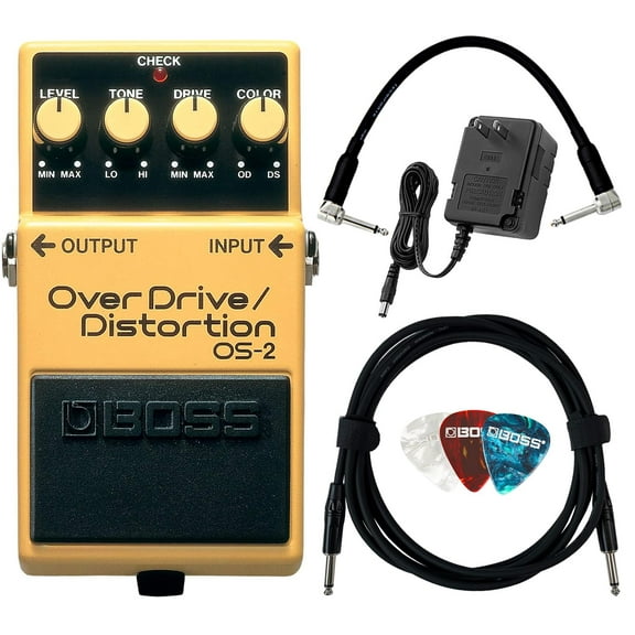 Boss OS-2 OverDrive/Distortion Bundle with Gearlux Power Supply, Instrument Cable, Patch Cable, and Picks