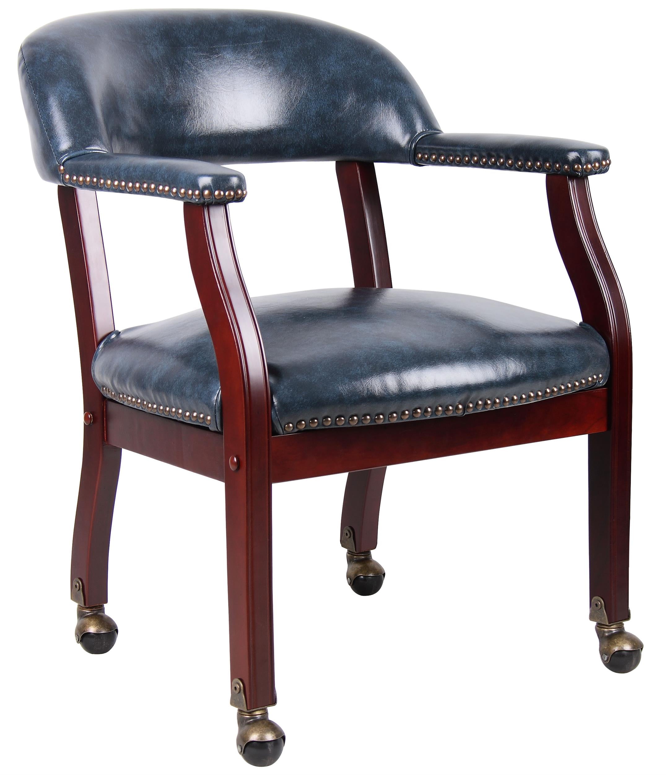Mahogany Wood Base Blue Vinyl Swivel Reception Chair with Casters