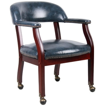 Boss Office Products Captains Chair in Blue and Mahogany with Casters