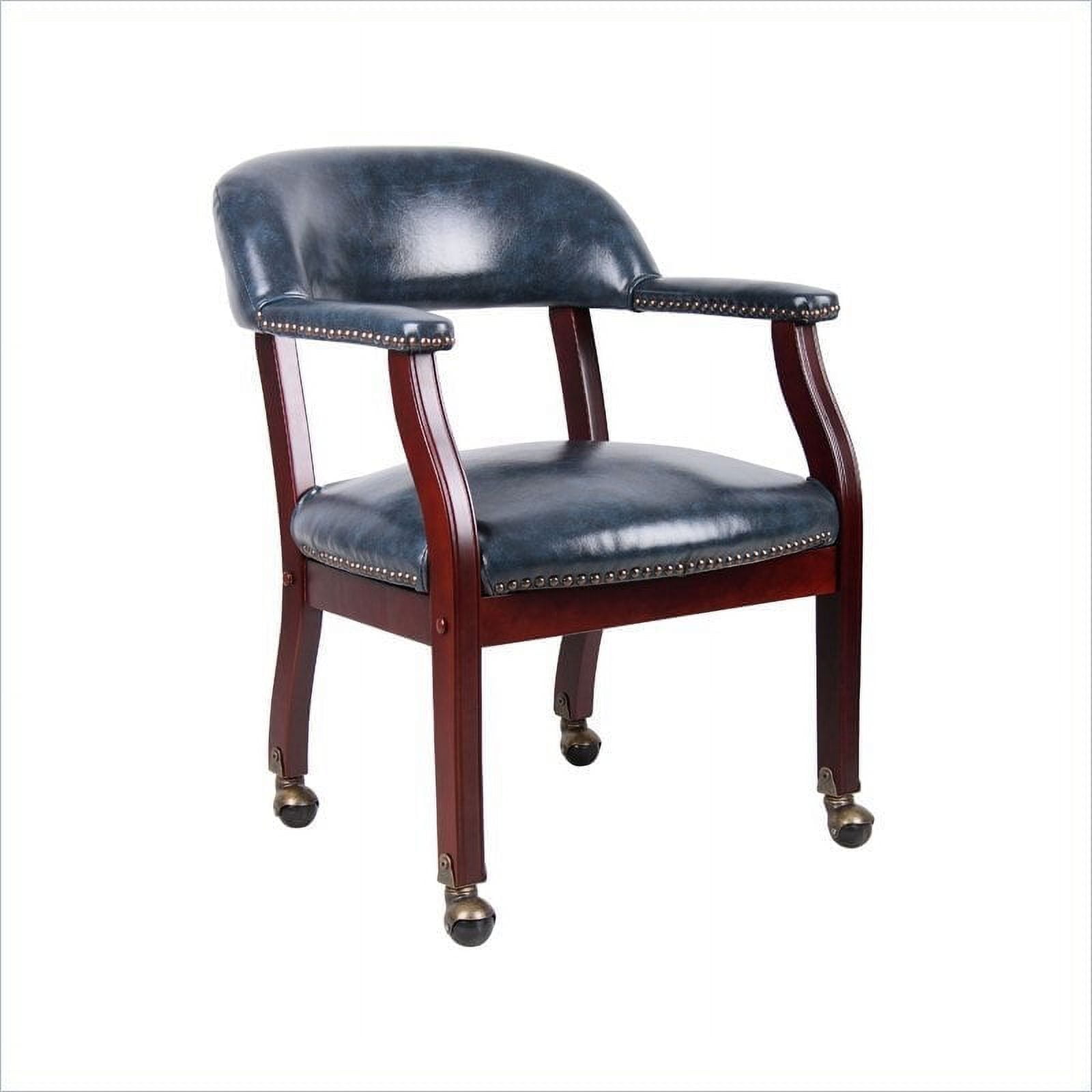 Mahogany Wood Base Blue Vinyl Swivel Reception Chair with Casters