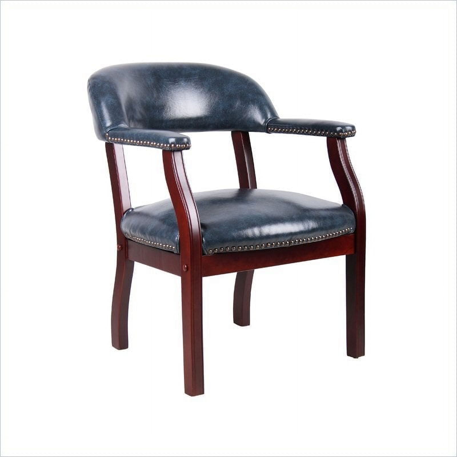 Blue Vinyl and Mahogany Wood Traditional Captain's Reception Chair