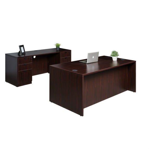 Boss Office Products Desk and Credenza with 2 Pedestals in Mahogany