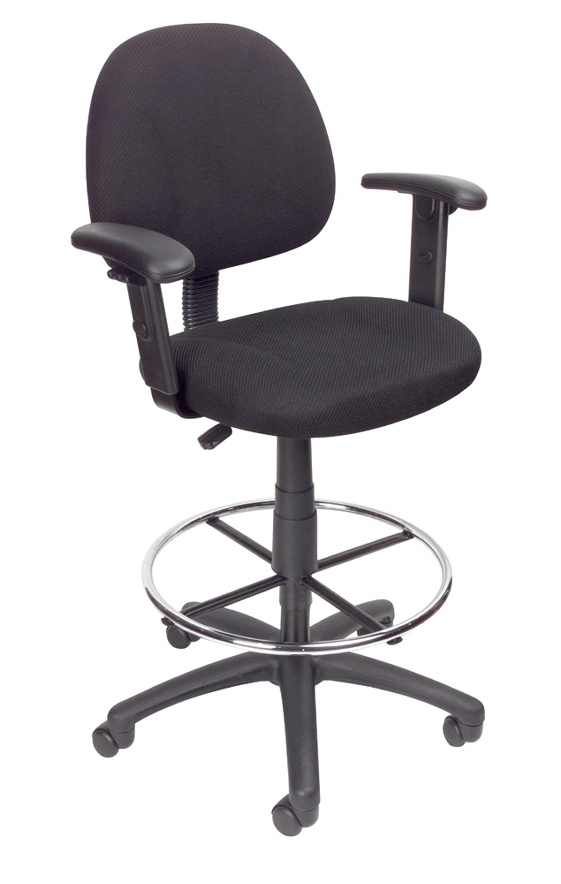 Boss Office Contoured Comfort Rolling Fabric Drafting Stool with Arms in Black