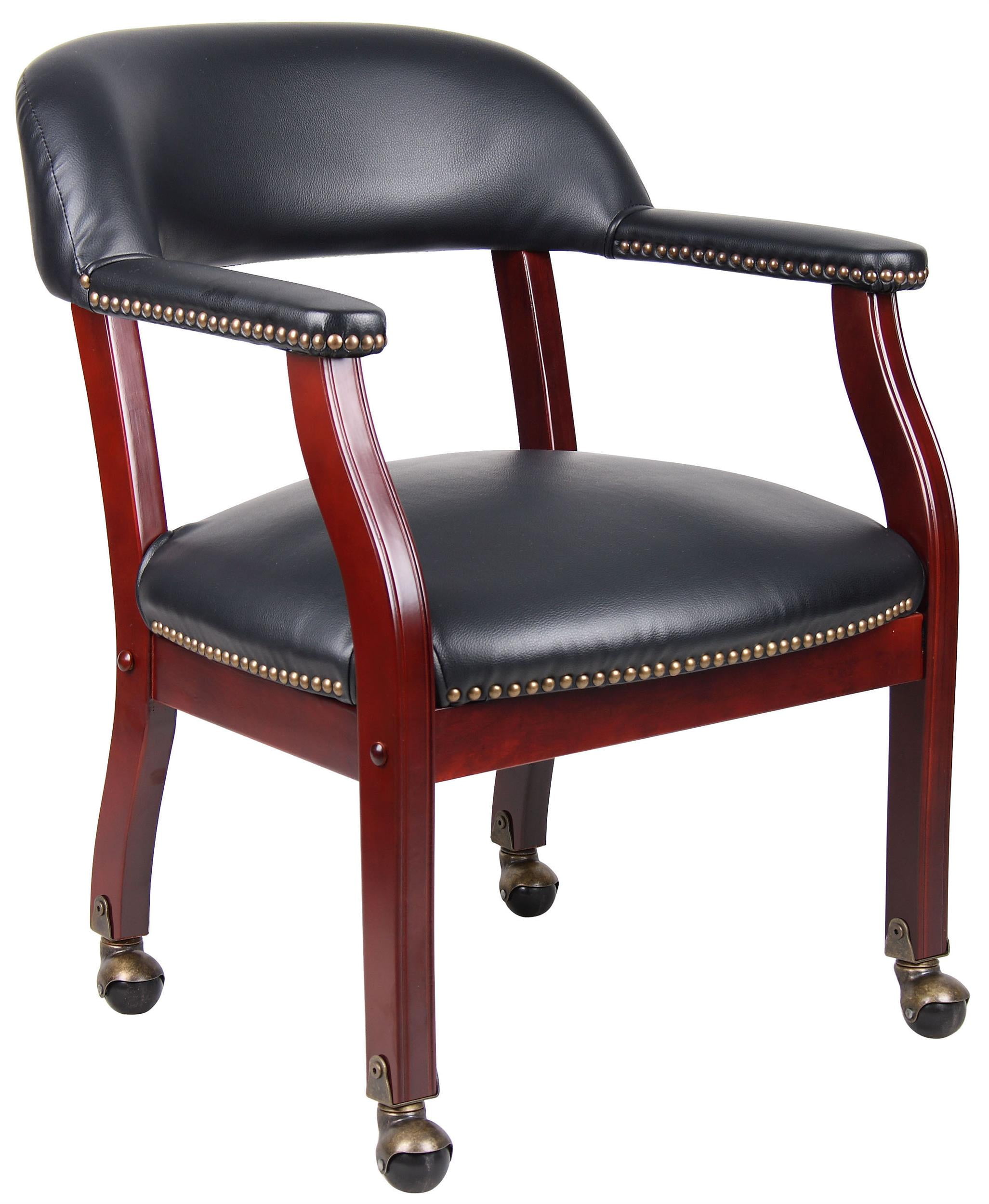 Traditional Executive Captain's Chair in Black Vinyl with Mahogany Base