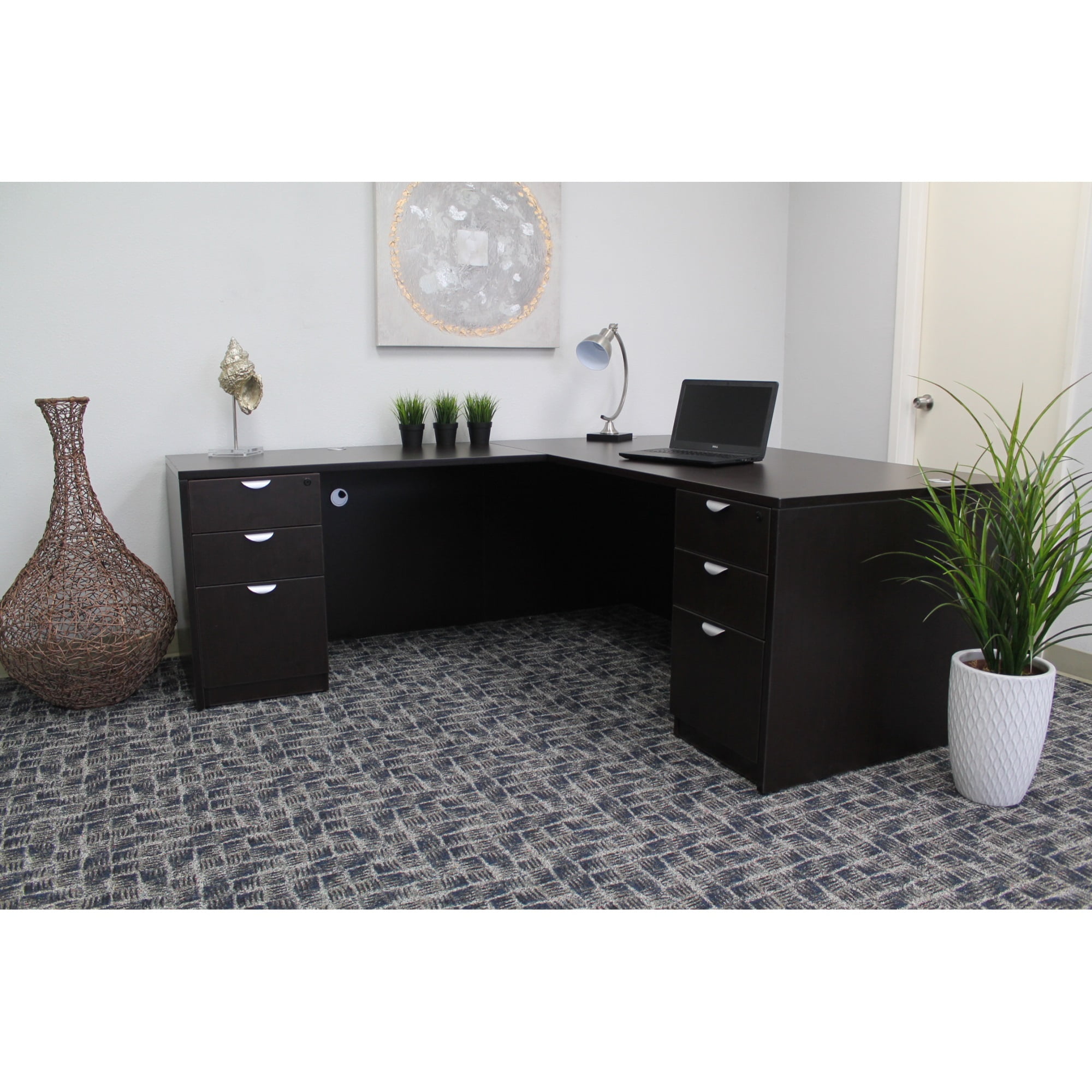 Boss Office Products L-Shape Desk with 2 Pedestals in Mocha
