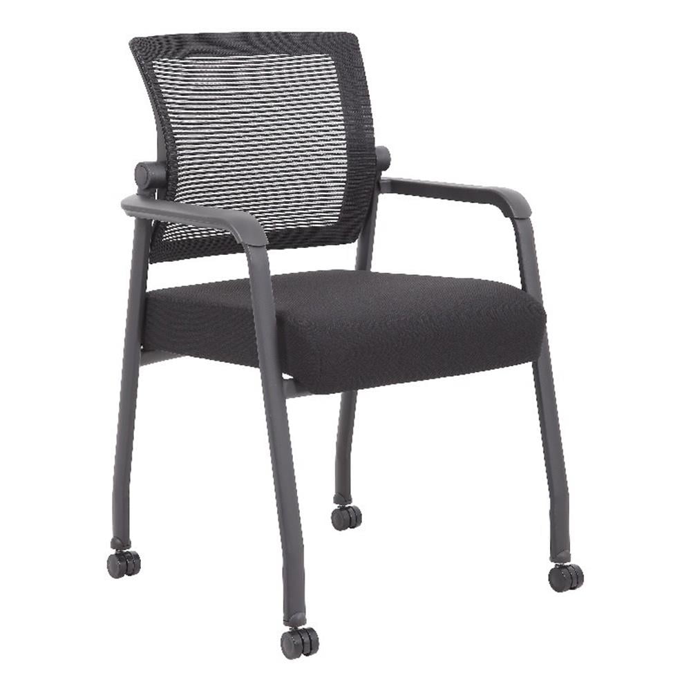Black Mesh Guest Chair with Fixed Arms and Casters