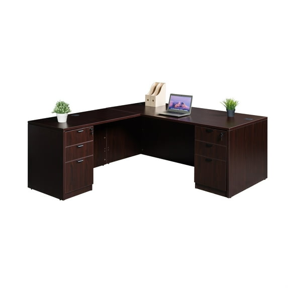 Boss Office Products 66 Inch Executive L-Shape Corner Desk with Dual Box/Box/File Storage Pedestals, Mahogany