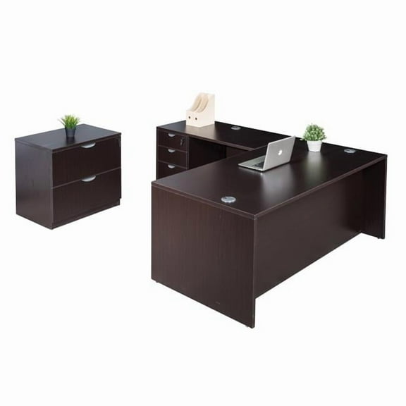 Boss Office Products 66" L-Shape Desk with File Storage in Mocha