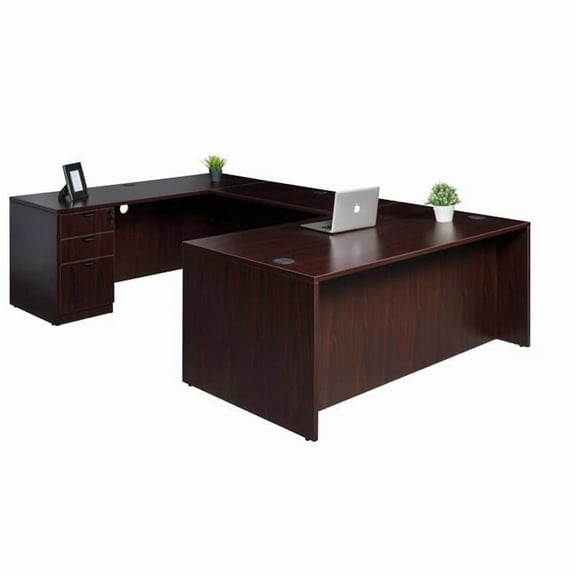 Boss Office Products 66" U-Shape Desk with File Pedestal in Mahogany