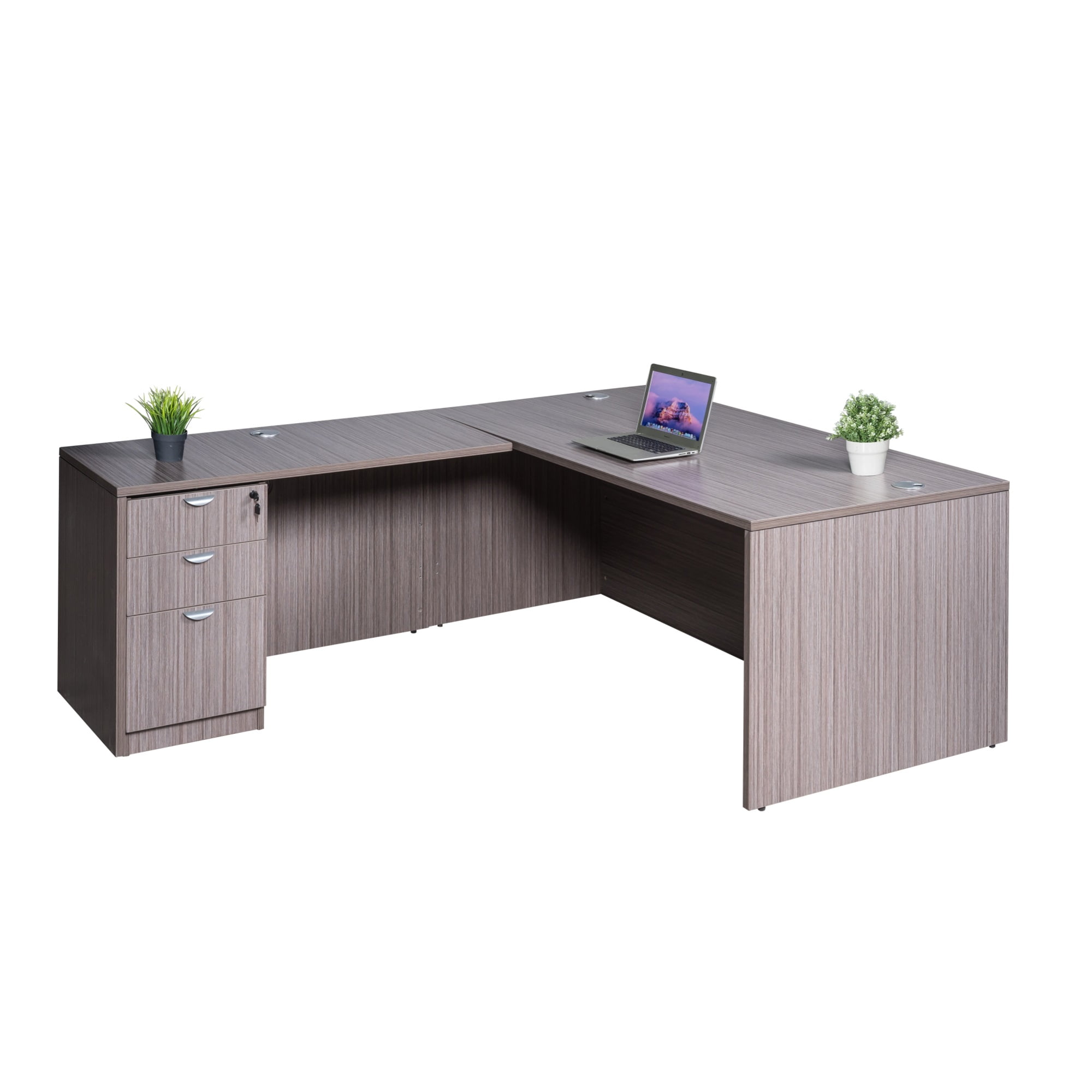 Gray Driftwood Executive L-Shaped Corner Desk with Filing Cabinet