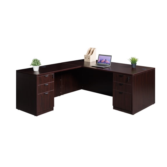 Boss Office Products 71 Inch Executive L-Shape Corner Desk with Dual Box/Box/File Storage Pedestals, Mahogany