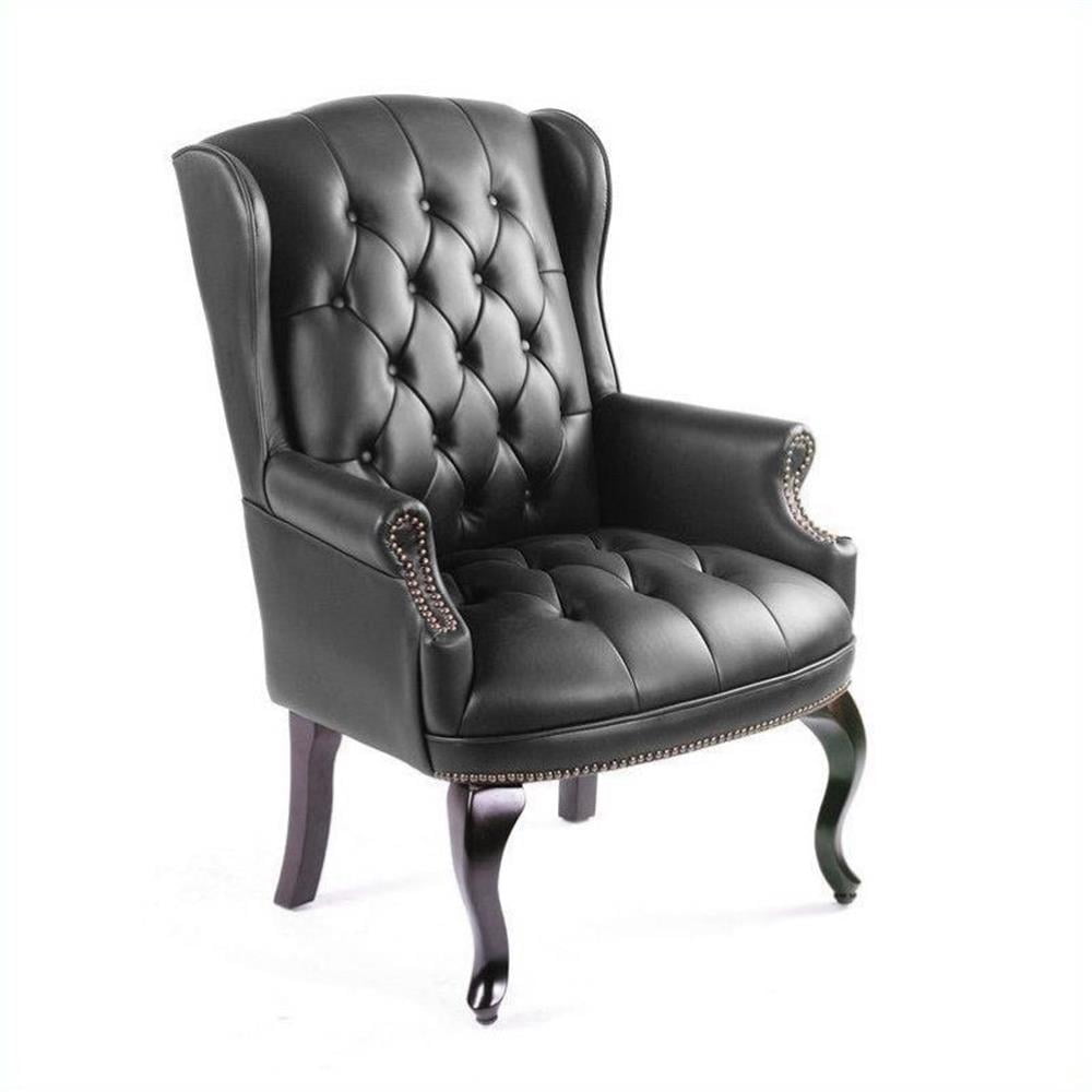 Ergonomic Wingback Vinyl Guest Chair with Mahogany Wood Base - Black