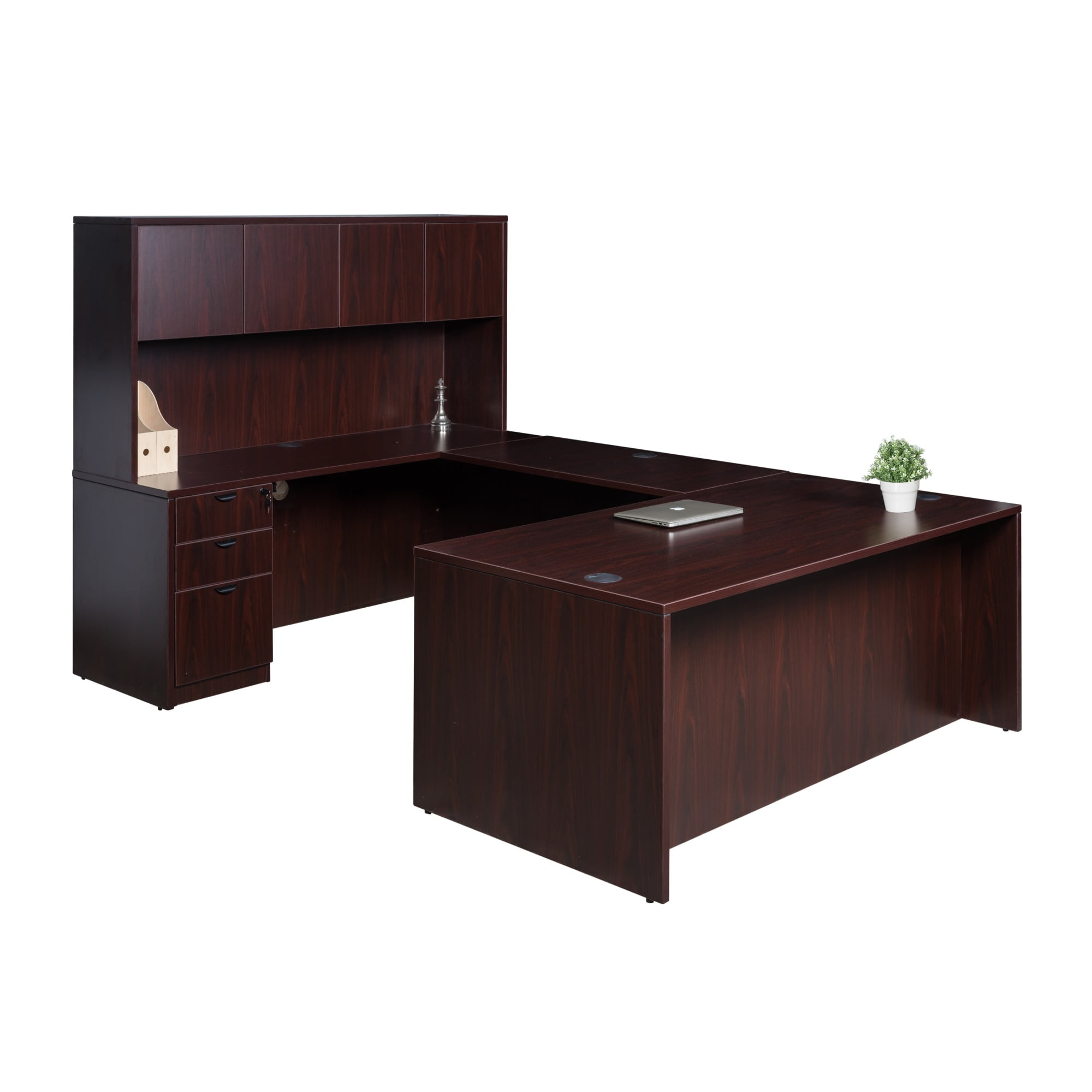 Mahogany U-Shaped Executive Desk with Hutch and Filing Cabinet