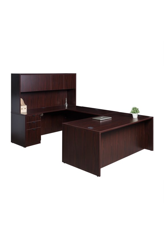 Holland Series Executive U-Shaped Desk With File Storage Pedestal And Hutch, Mahogany