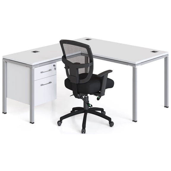 Boss Office Products L Desk with Return and (1) Pedestal, 71" x 30" Desk Top (ea), White