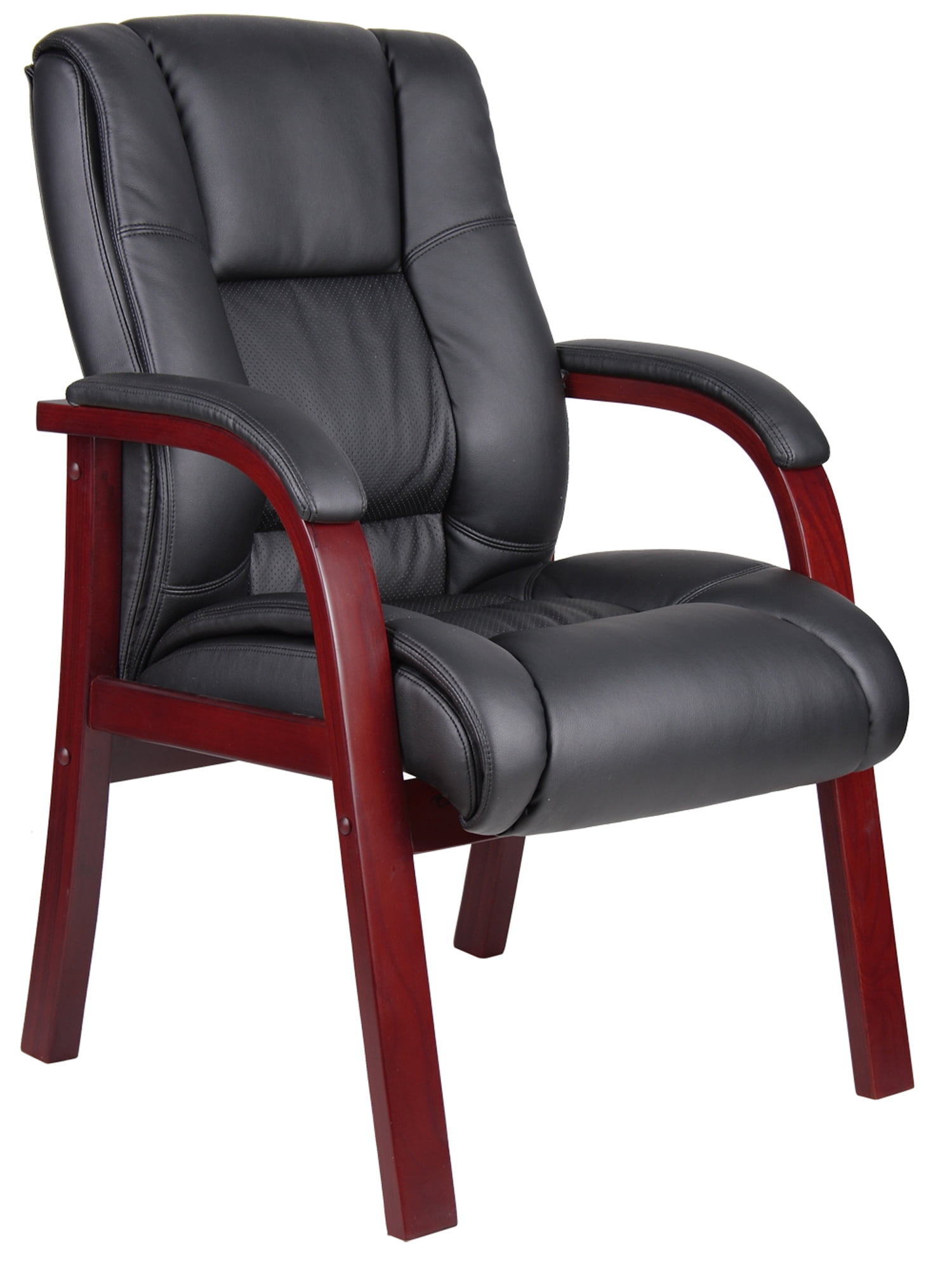 Mid-Back Black Vinyl Guest Chair with Mahogany Wood Frame