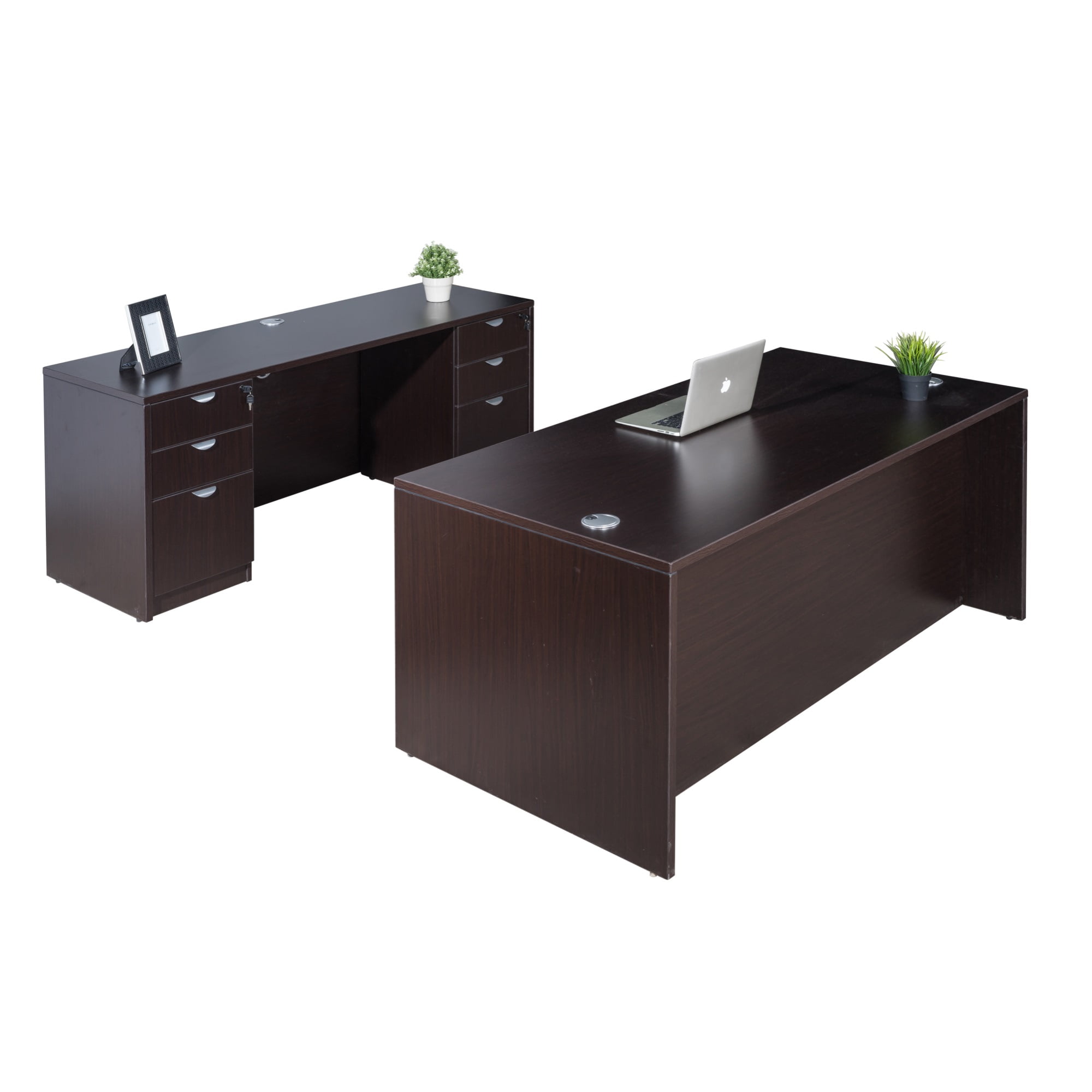 Mocha Executive Desk and Credenza with Dual File Storage